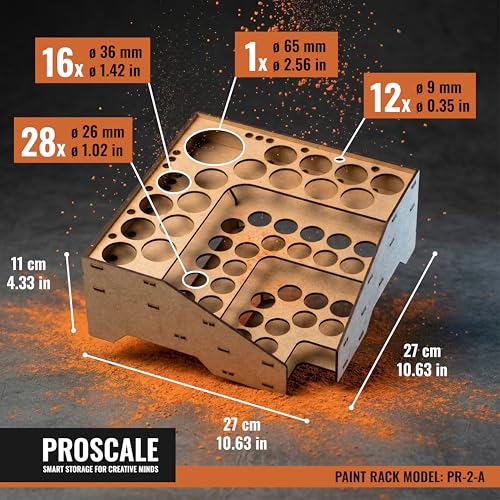 Image of PROSCALE Corner Paint Rack Organizer, Art desk Corner Paint Stand holder for Miniature & Model Paints + Brush /Tool Slots, 26 36mm Holes Compatible with Vallejo, Army Painter, AK (Module C)