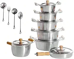 Conjunto 5 Panelas Alumínio Batido 16 a 24, Frigideira 20, Caldeirão 16 Com 4 Talheres - 11 Peças