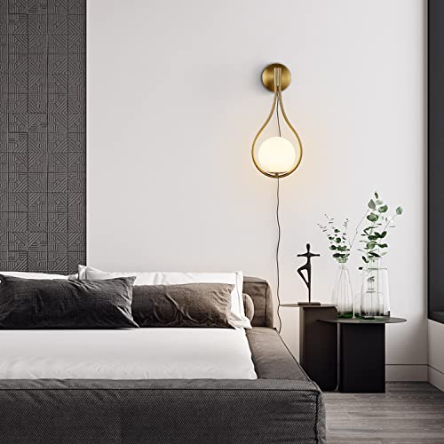 Image of Modo Lighting Glass Ball Wall Sconce Plug in Mid Century Modern Drop Design Wall Light Brushed Brass Gold Wall Lamps for Bedside Living Room (with Plug in 2 Pack) | Hardwired Cord with ON /OFF Switch, E26 Bulb Included, 5.9 inch White Milk Glass Wall Light Fixture for Bedroom Bathroom Hallway