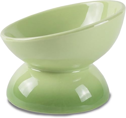 Cuenco elevado de cerámica para gatos, inclinado, 15 platos poco profundos, anti vómitos, seguro, apto para microondas y lavavajillas, verde