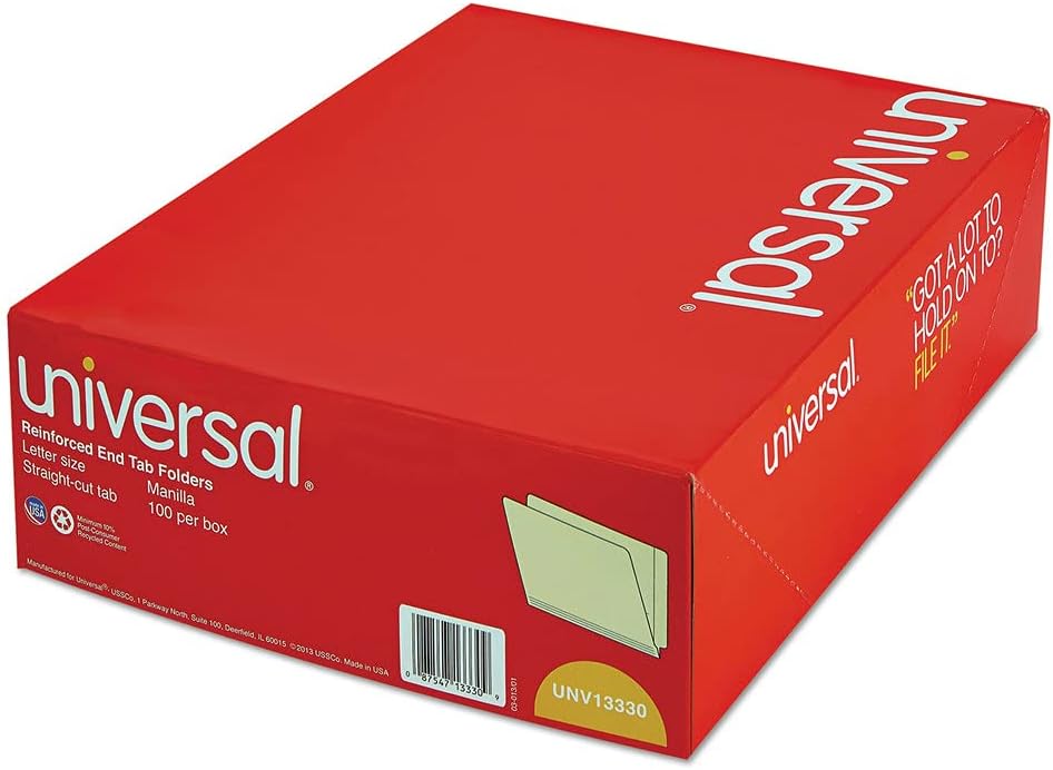 Universal UNV13330 Deluxe Reinforced Straight End Tab Folders - Letter, Manila (100/Box)