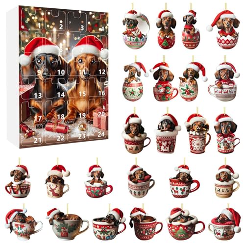 Dackel Adventskalender 2025, 24 Tage Acryl Hunde Anhänger Weihnachtskalender 2025 Kinder, Niedlicher Hund Adventskalender, Cartoon Dackel Deko Weihnachten Countdown Kalender Für Hundeliebhaber