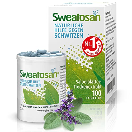 Sweatosan I 100 St. I Natürliche Hilfe gegen Schwitzen I Pflanzliches Arzneimittel mit Salbeiblätterextrakt | Nr. 1 in der Apotheke I Naturkraft Salbei| in Deutschland hergestellt