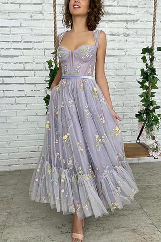 Fivsole Women's Midi Floral Prom Dresses Flower Embroidered Short Formal Tulle Evening Party Gown2