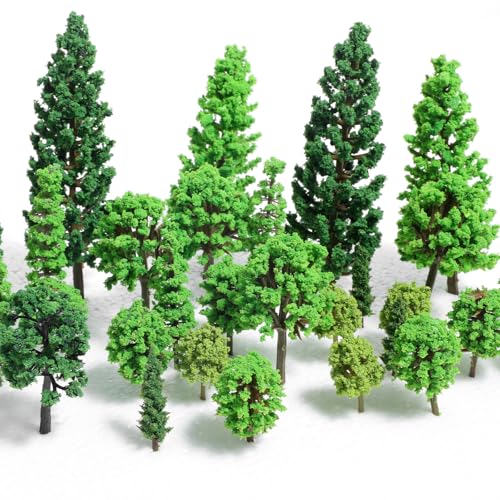 Gtziqa 32 Pcs Mixed Model Trees 0.7 to 4.45 Inch Miniature Trees Train Scenery Diorama Tree Railroad Architecture Fake Tree for DIY Crafts Building Model Scenery Landscape Natural Green