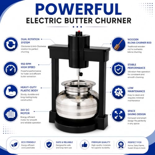 Image of AURHA Butter Making Machine - Electric Bilona Madhani Churner | 5L Capacity, 24V Adapter, 950 RPM | Dual Motor Traditional Churning | Curd & Buttermilk Churner | Heavy Duty Plastic Body