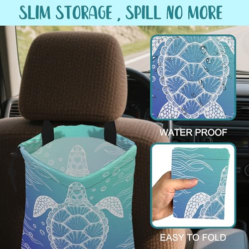 Image of Car Trash Bag Abstract Blue Sea Turtle Hanging Drawstring Car Organizer and Storage Bag with Adjustable Buckle Canvas Garbage Bin for Back Seat or Hanging Headrest Car Decor Road Trip Essentials