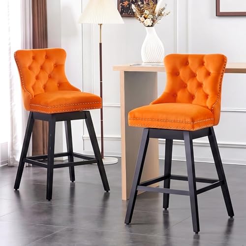 Image of Orange Swivel Bar Stools, Velvet Counter Height Bar Stool Set of 2 | 360 Swivel Bar Chairs, Solid Wood Legs, Upholstered Kitchen Island Stools, Modern Extra Wide Seat (Orange, 30 inch H, 2 Pack)