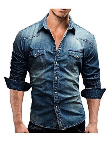 Letuwj Mens Denim Shirt Bouton-Down Jean Coat Blue Medium