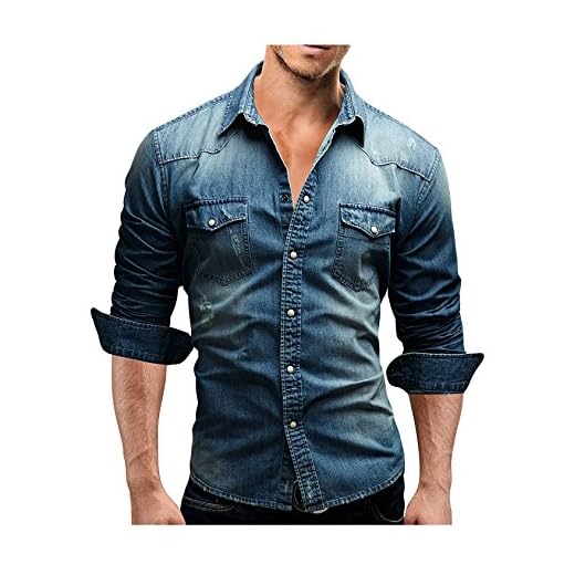 Bestgift Homme Chemise Denim Shirt Manche Longue en Jean Bleu Large
