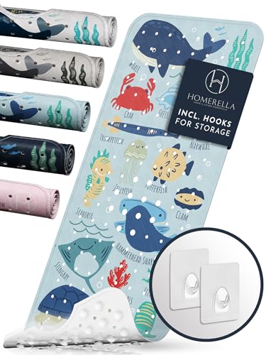 Image of Homerella Baby Bath Tub Mat | Anti Mold Mildew Resistant Non Slip Kids and Adult Bath Tub Shower Mats | 40x16 inch Long with Suction Cups for Secure Grip Hooks for Storage & Drying | Machine Washable