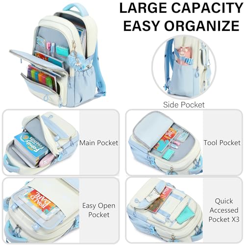 School Backpack for Girls, Laptop Backpack 15.6 Inch Kids Elementary Middle High School Bag Anti Theft Cute College Bookbags for Teens Girls Women Students Casual Travel Daypack,Blue Beige3