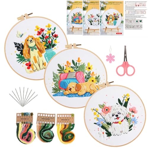 Image of Konrisa 3 pcs Dog Flower Embroidery Kits for Beginners, Needlepoint Cross Stitch Kits with Pattern, DIY Sewing Practice Kit, Include 1pcs Hoop