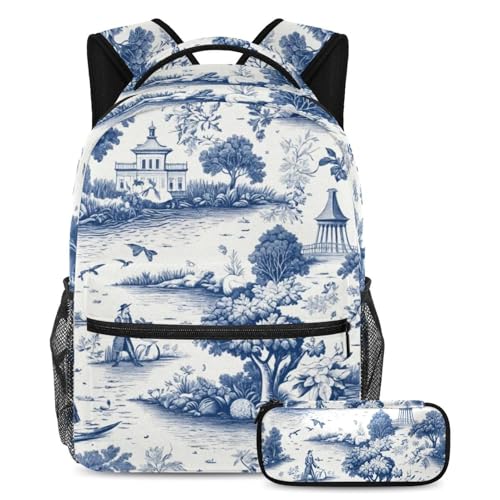 Sac à dos et trousse enfant en toile blanc et bleu pour l'école et les sorties de week-end