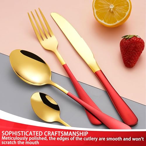 Image of 24 Pieces Flatware Set, Stainless Steel Cutlery Set with Silverware Holder, Modern Gold Silverware Set Includes Dinner Knives Forks Spoons,Hanging Silverware (Red)