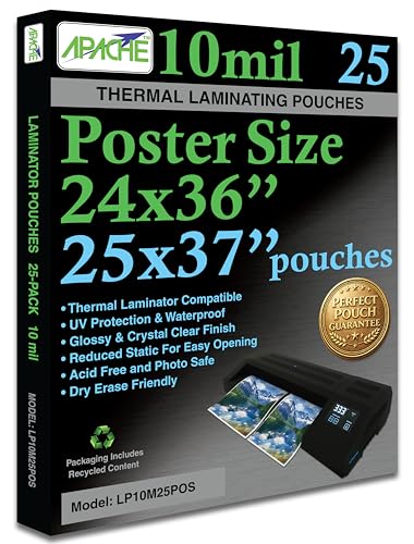 Image of Apache Poster Size Laminating Pouches, 10 Mil, 25 Pack, Holds 24 x 36 Inch Projects (25 x 37 Inch Pouch Size), Thermal Laminator Compatible Laminating Sheets, Super Clear, Round Corners
