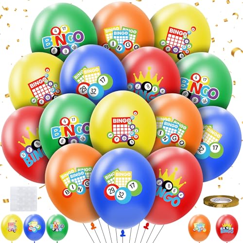 HYOWCHI 50 Pcs Bingo Birthday Decorations Party Balloons Set Disposable Colorful Bingo Decorations Print Latex Balloons for Casino Theme Game Night Decor Senior Event