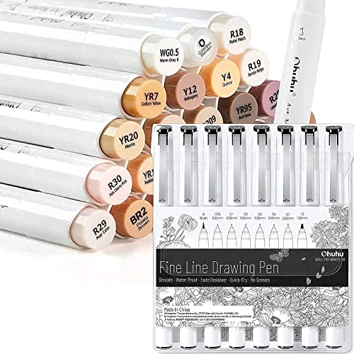 Ohuhu Skin Tone Markers Brush Tip, Double Tipped Alcohol Based Brush Markers (Chisel & Brush) + Fineliner Drawing Pen Set of 8 Pack Ultra Fine Line Drawing Markers