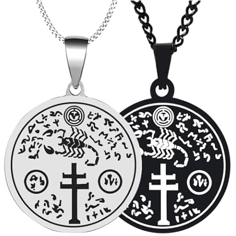 ZOVIVI 2PCS Titanium Steel Jewelry San Cipriano Exterminator Amulet Talisman Mens Womens Pendant Necklace Chain, Silver+Black Cover
