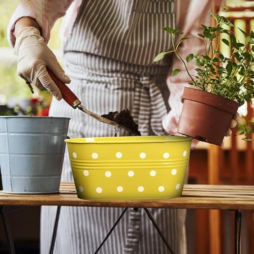 Image of 12 INCH Anti Rust Railing Oval Planter for Balcony & Garden with Detachable Handle | Hanging Flowerpot Holder | Metal Wall Planter for Indoor and Outdoor Decor (Multicolour Polka Dot, 3)