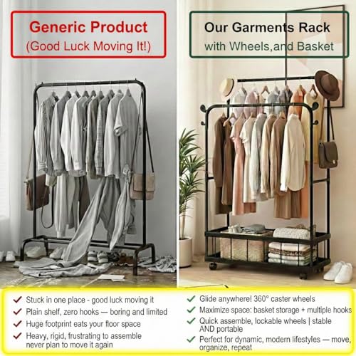 Image of Story@Home Heavy-Duty Double Rod Metal Garment Rack for Clothes with Wheels, Bottom Storage Shelf & 4 Side Hooks | Freestanding Clothes Stand for Bedroom, Entryway, Living Room - Black