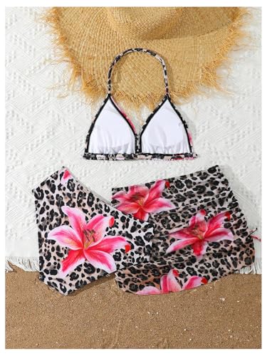 Girl's 3 Piece Leopard Bikini Set Floral Cheetah Halter Triangle Swimsuit with Beach Cover Up Skirt2