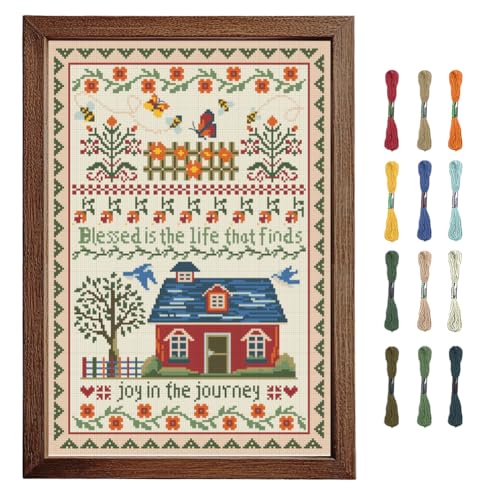 Image of FREEBLOSS Cross Stitch Wall Hanging Kits Joy in The Journey 13.8 * 19.7inch | 11CT Stamped Embroidery Starter Kits Pre Printed Stitches Practice Kit With Instructions For Beginners Cross Stitching Decor