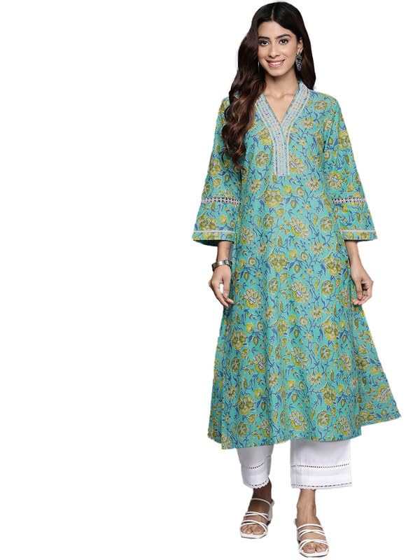 Varanga Women Sea Green Floral Printed V-Neck Straight Kurta  Elegant & Comfortable For Casual Wear (Large)