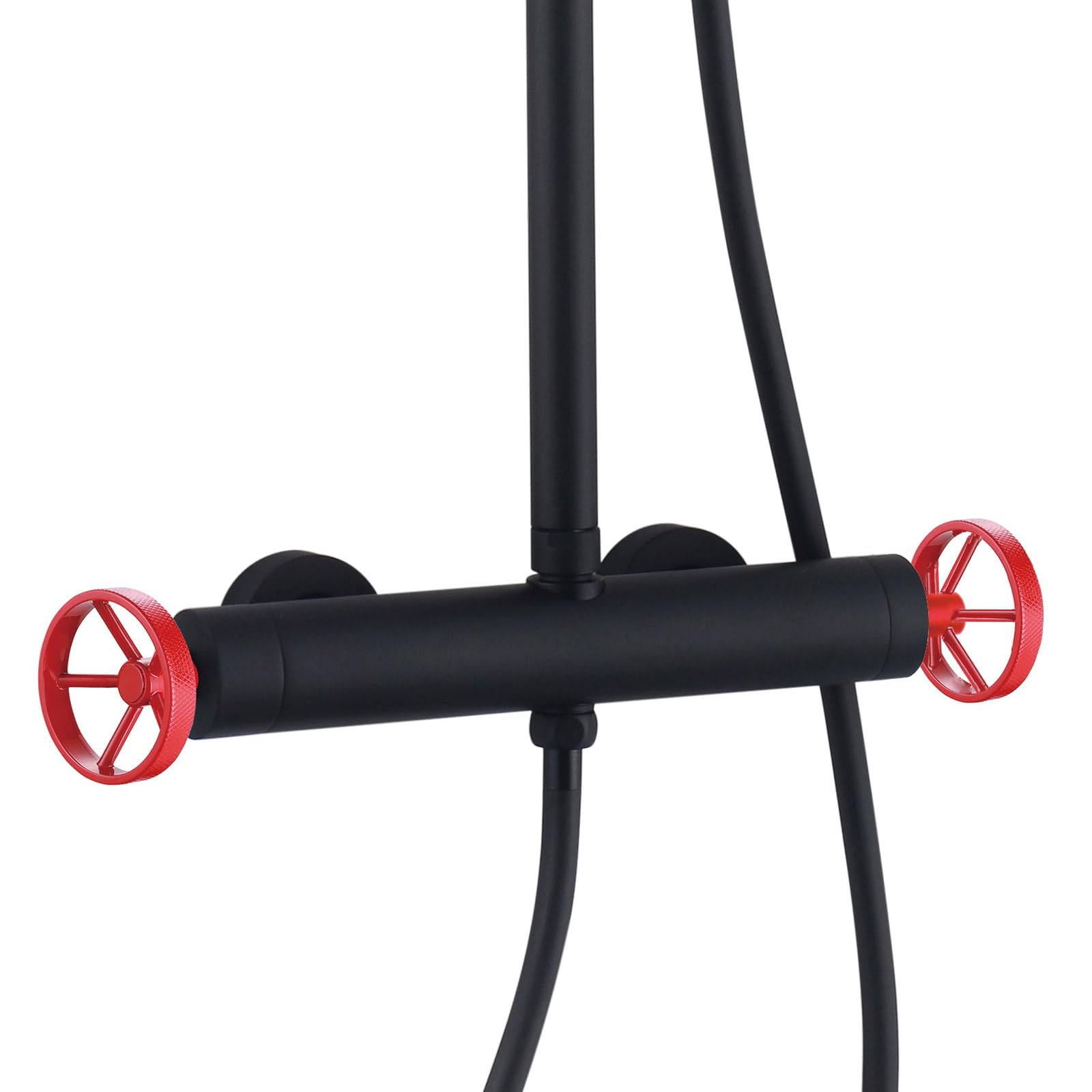 K2O Pack Columna de Ducha 83-119cm y Grifo de Lavabo Monomando 23x6,7x37cm Negro Mate Reguladores Rojos, Latiguillos y Aireador