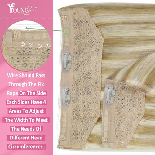 Image of YoungSee Wire Human Hair Extensions Balayage Wire Hair Extensions Real Human Hair Ombre Medium Brown to Caramel Blonde with Brown Fish Line Remy Hair Extension 14 Inch 70g