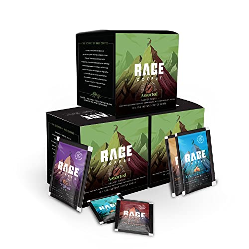 Image of Rage Coffee - 3.25 GMS x 30 Sachet Shots Assorted - Premium Arabica Instant Coffee (Pack of 30 Shots) | Hazelnut Coffee, Dark Chocolate Coffee, Caramel Coffee, Butterscotch Coffee & Original Blend