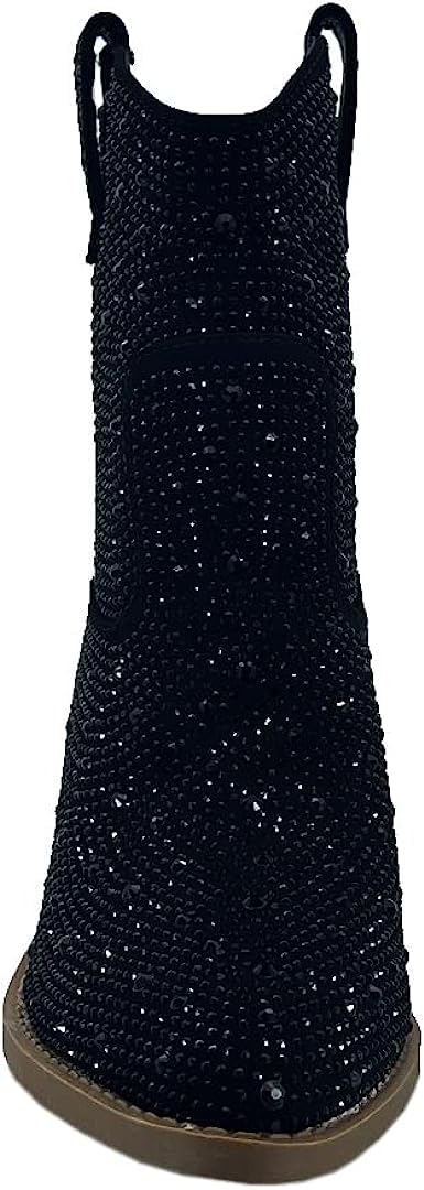 Women's Rhinestone Block Heel Mid Calf Short Ankle Booties Knee High Boots: Women's Rhinestone Block Heel Cowboy Mid Calf Short Ankle Booties Boots River-01 Charcoal 01 Size 6