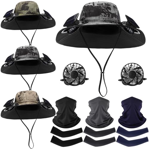 Image of Syhood 3 Set Solar Fan Hats with Arm Sleeves & Neck Gaiter, Wide Brim Sun Hat with Fans for Men Women Cooling Sun Protection Set for Outdoor Fishing Hiking Camping