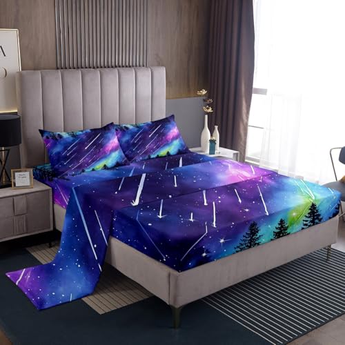 Homemissing Galaxy Bed Sheets Set Double Size Outer Space Sheet Set Universe Cloud Galaxy Glitter Shooting Star Print Tree Sheets with Deep Pocket Fitted Sheet Teens Decor Colorful Bedding Set Closure