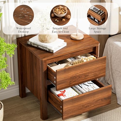 Image of Furniway Nightstands Set of 2, 2 Drawer Nightstand with Wood Legs, Mid-Century Modern Bedside Table with Storage, Wooden End Table for Bedroom, Walnut