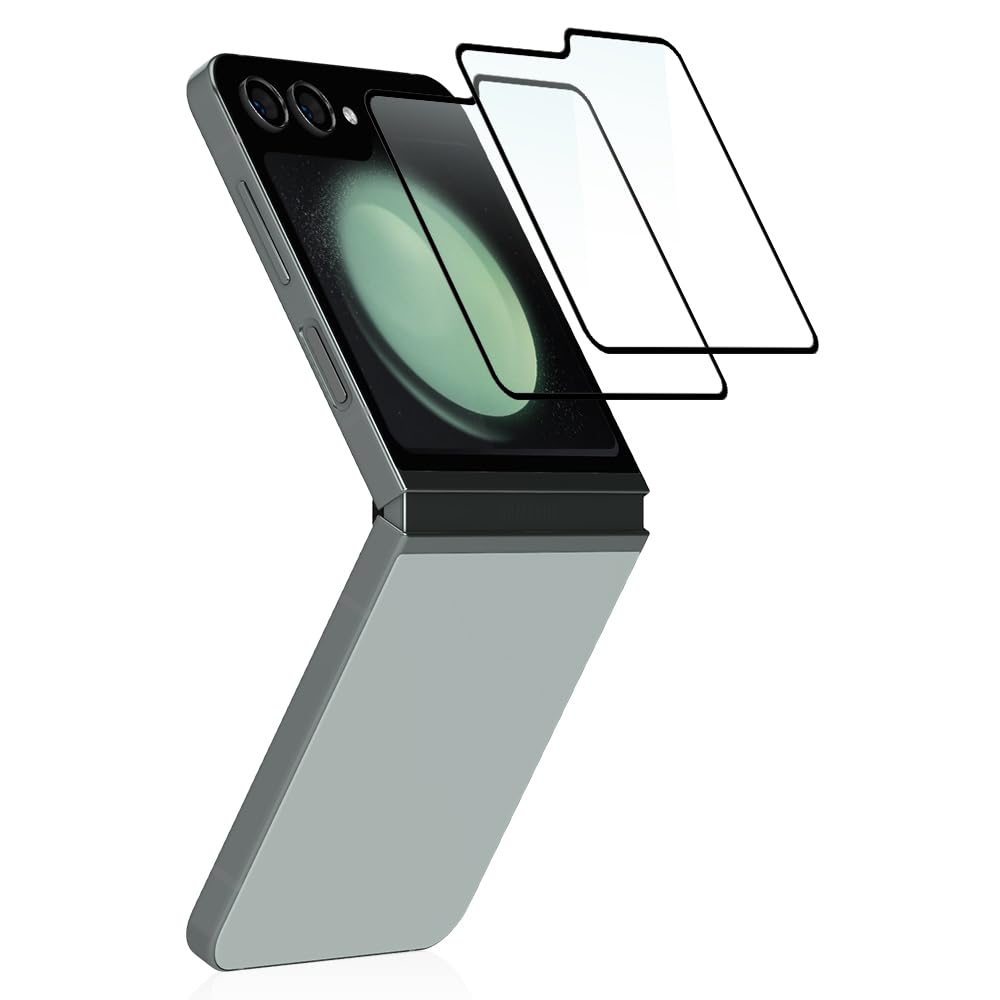 IQShieldScreen Protector for Samsung Galaxy Z Flip 5, 2 Pack Tempered Glass Curved Full Coverage, Anti-Scratch, Touch Sensitive, Easy installation, Ultra HD Saver Shield Film
