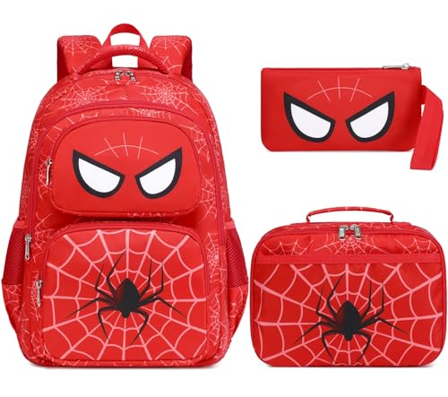 JIANYA Kids Backpack for School Boys, Spider School Bag for Elementary Kids Children 3pcs Boys Backpack with Lunch Box & Pencil Case, Red