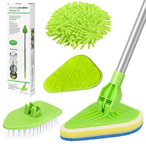 WENYA Cepillo de limpieza de baño con mango largo de 90 cm, extensible 4 en 1 para bañera y azulejos con almohadilla de microfibra, esponja de fregar y cabezal de fregona de terciopelo coral para baño