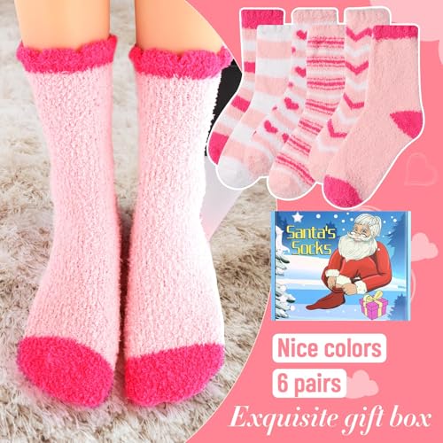 Image of SAIWEILAI ONLINE 7 Pieces Christmas Fuzzy Socks Gift Set:6 Pair of Soft Cozy Warm Socks with Christmas Gifts Box for Women