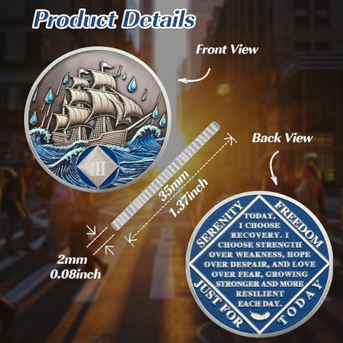 Image of Braving The Storm 3 Year Sober Coin, Nautical NA Coin, Addiction Recovery Three Year Sober Chip, Celebrating Recovery Anniversary Token, Narcotics Anonymous Sobriety Gifts for Men Women