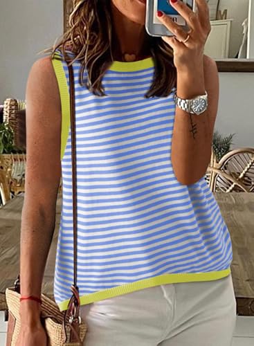 Image of Dokotoo Womens Summer Tops 2026 Casual Striped Color Block High Neck Tank Top Loose Knit High Low Sleeveless Shirts Blouses