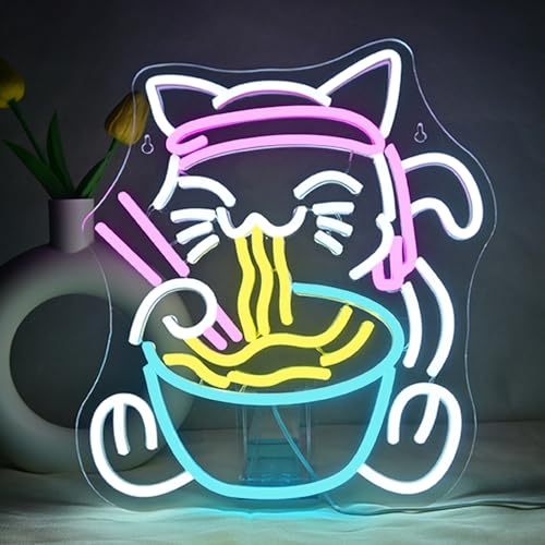 Image of Fortune Cat Ramen Neon Signs for Wall Decor Japanese Cat LED Neon Light USB Powered Light Up Signs for Japanese Culture Lover Ramen Shop Cat Lover Party Gift Game Room