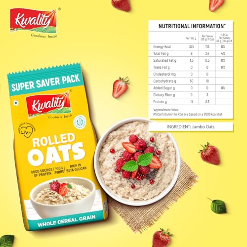 Image of Kwality Rolled Oats 1kg Pouch | Wholegrain Oatmeal for Healthy Breakfast | High Fiber & Protein | Gluten-Free | No Added Sugar | Weight Management Friendly | Quick Cooking