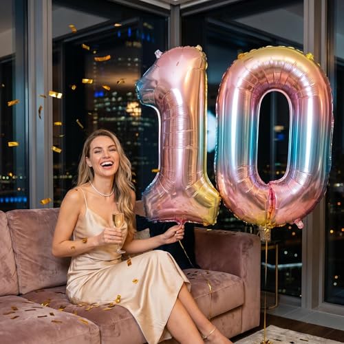 Image of Number 10 Balloon Foil Mylar Balloons for Birthday Party Decoration (Rainbow, 40 Inch)