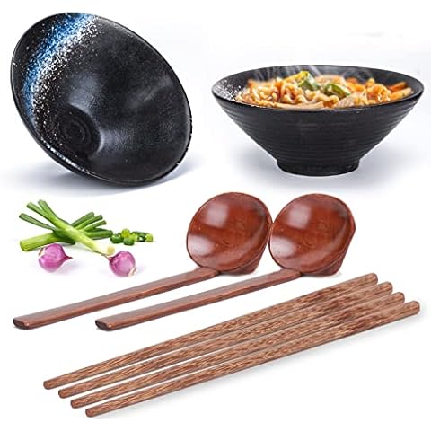 Ramen Schüssel Keramik, 2 Sets Ramen Bowl mit Löffel und Essstäbchen Cover