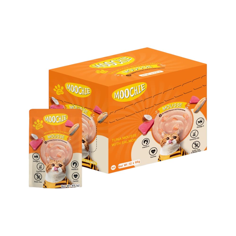 Moochie Tasty Wet Cat Food (85 g X 12 Pouches) Mousse with Salmon, Grain Free Cats Gravy Meal, No Artificial Flavours Kitten Food, Non-Vegetarian Cat Foods Pouch for Kittens