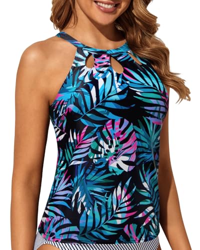 Image of Tempt Me High Neck Tankini Top Backless Bathing Suit for Women Key Hole Swimsuit Swim Top Only