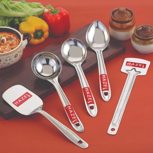 Image of HAZEL Stainless Steel Kitchen Tools - Set of 5 (Pastry Spoon, Tavetha, Ladle, Oval, Pan)