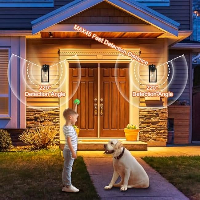 Large Size Outdoor Wall Light, 3 Lighting Modes Motion Sensor Porch Light, Dusk to Dawn Outdoor Lighting, Waterproof and Rustproof Design, Black Sensor Wall Light, 2 Pack for House/Patio/Garage