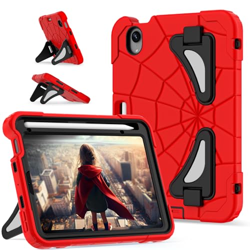 Image of Kids Case for iPad Mini 7 A17 Pro 2024 / Mini 6 8.3 inch, Spider Case for iPad Mini 7th 6th Generation, Shockproof Durable Full Protective Cover with Pencil Holder, Kickstand (Red+Black)